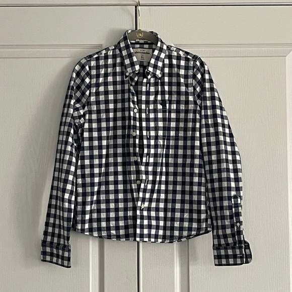 Abercrombie Kids Preppy Navy Blue & White Check Muscle Button Down Shirt. Sz  XL - Picture 1 of 6